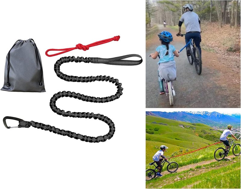 klarako Bike Tow Rope Bungee Towing Strap Road MTB Bicycle Pulling Strap Cycling Shock Absorbing with Carabiner Easier Hill Climbs for Kids Women Men Riding - Black - Image 2
