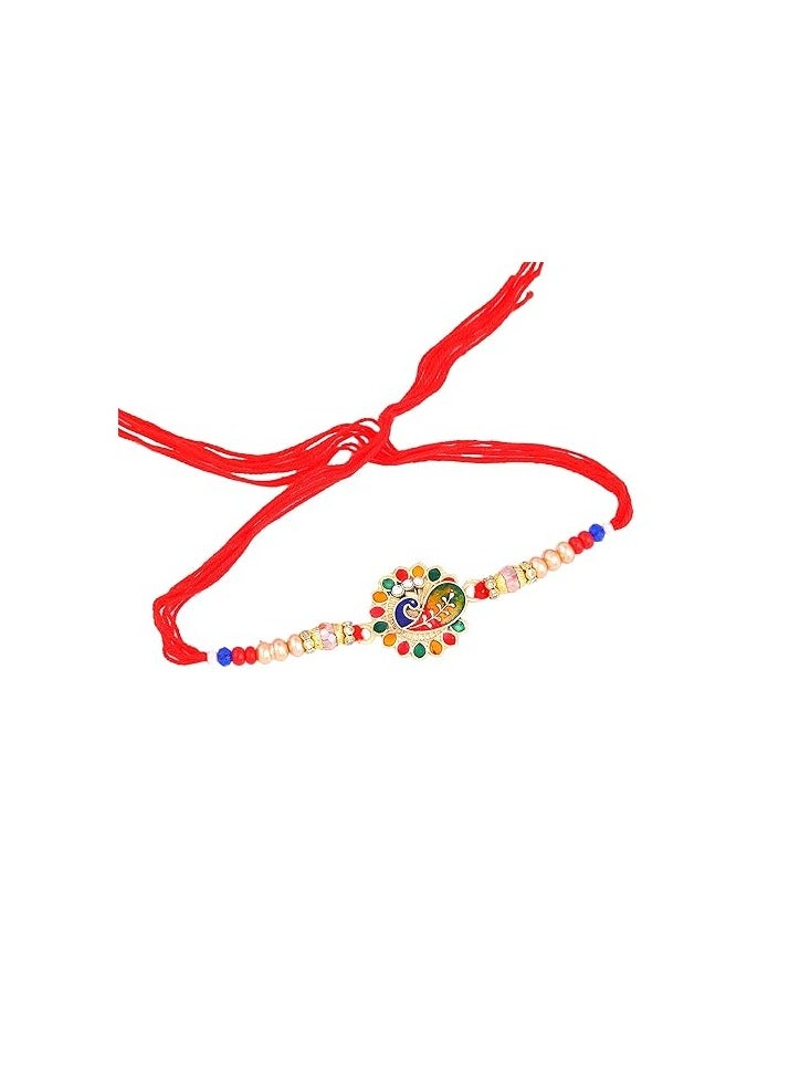 Estele Peacock Rakhi for Bhaiya: Gold Plated Stylish Peacock Designer Multi-color Premium Rakhi with Roli Chawal and Greeting Card for Brother Embrace Security and Elegance this Raksha Bandhan - Image 3
