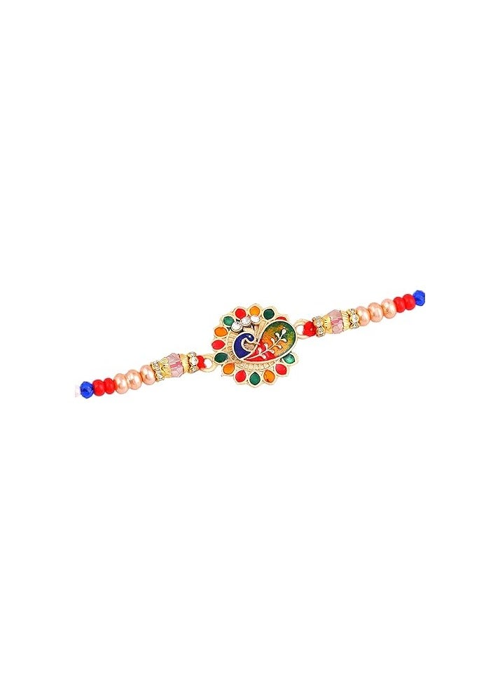 Estele Peacock Rakhi for Bhaiya: Gold Plated Stylish Peacock Designer Multi-color Premium Rakhi with Roli Chawal and Greeting Card for Brother Embrace Security and Elegance this Raksha Bandhan - Image 4