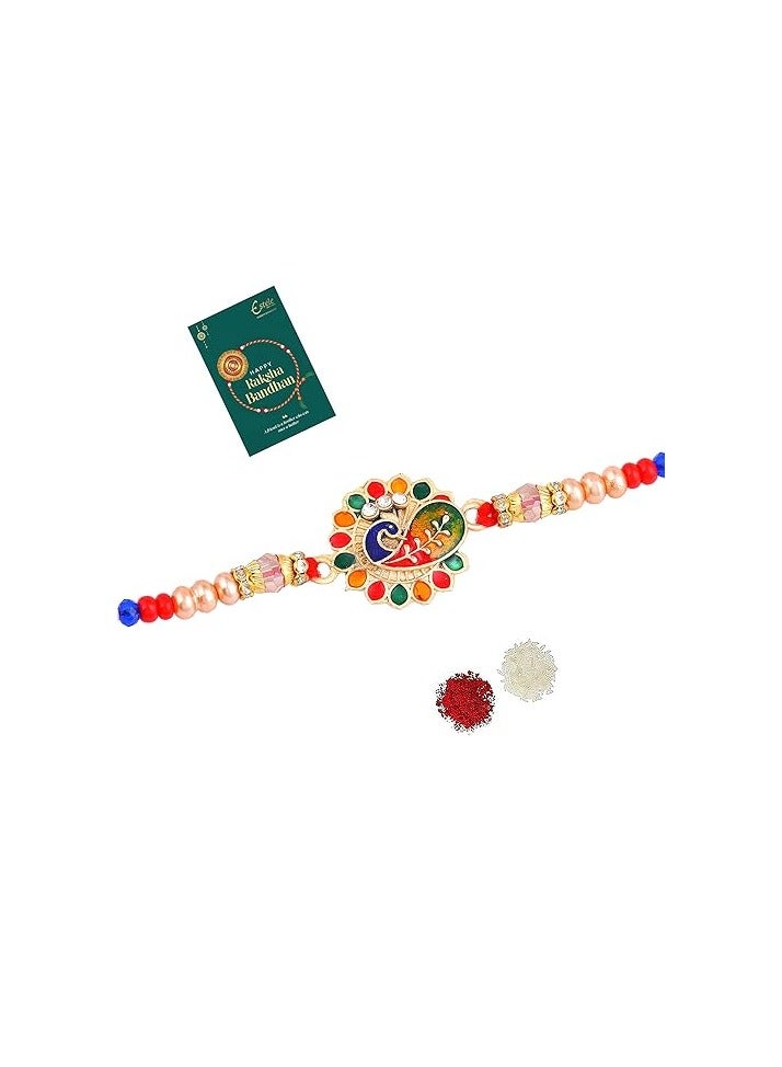 Estele Peacock Rakhi for Bhaiya: Gold Plated Stylish Peacock Designer Multi-color Premium Rakhi with Roli Chawal and Greeting Card for Brother Embrace Security and Elegance this Raksha Bandhan - Image 1