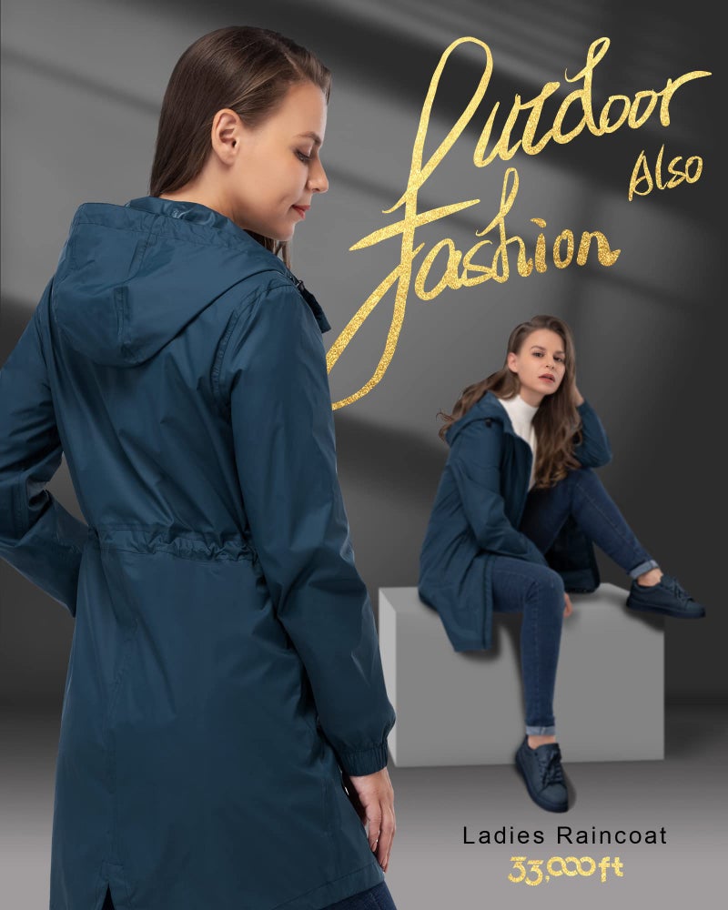 33,000ft Women's Waterproof Long Rain Coats Packable Rain Jacket with Hood Trench Coats Windbreaker - Image 2