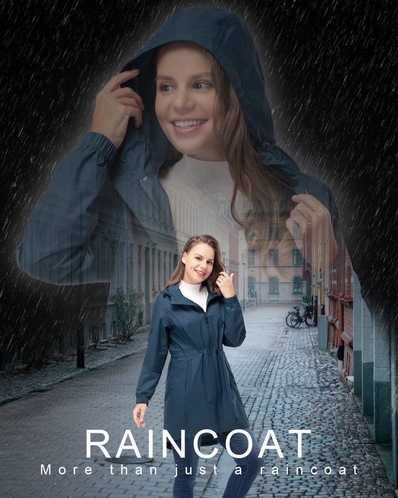 33,000ft Women's Waterproof Long Rain Coats Packable Rain Jacket with Hood Trench Coats Windbreaker - Image 3