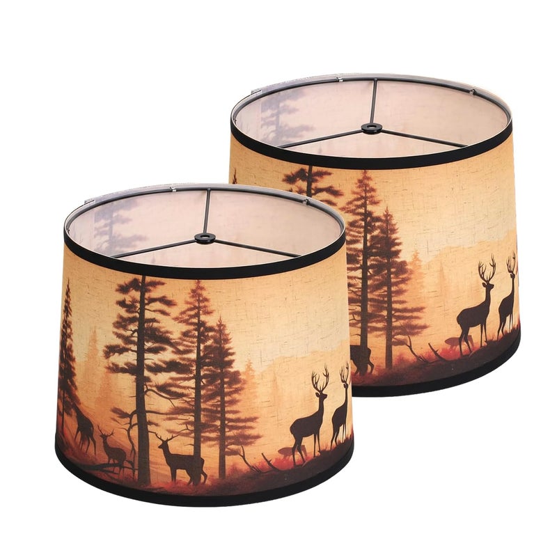 DOLOOTA Rustic Deer Printed Large Drum Lamp Shades Set of 2. Easy Assembly.11.4"x13"x10" Barrel Brown Lamp Shade For Cabin Lodge Decoration.Replacement Lamp Shades For Table Lamps(Spider Model) - Image 1