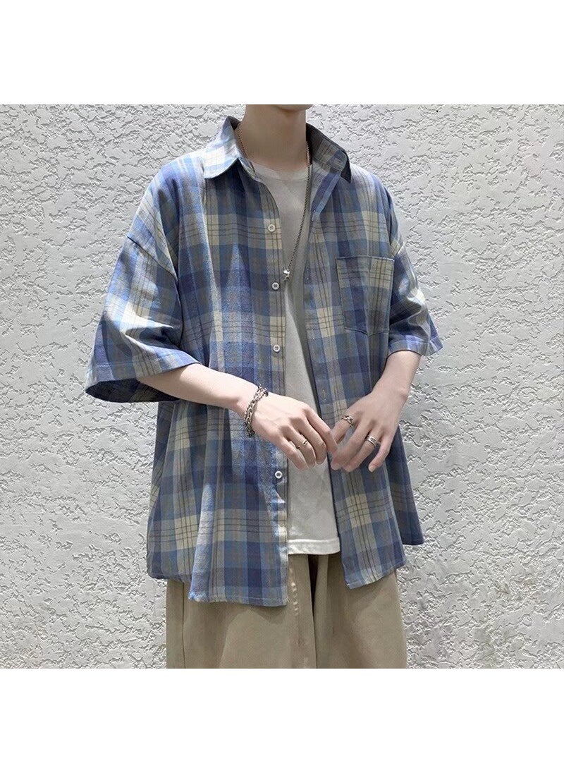 Generic - Summer Color Blocking Plaid Short Sleeve T-shirt For Men Trendy Brand Ice Silk Draped Casual Style Loose Fit Casual Shirt Green - Image 1