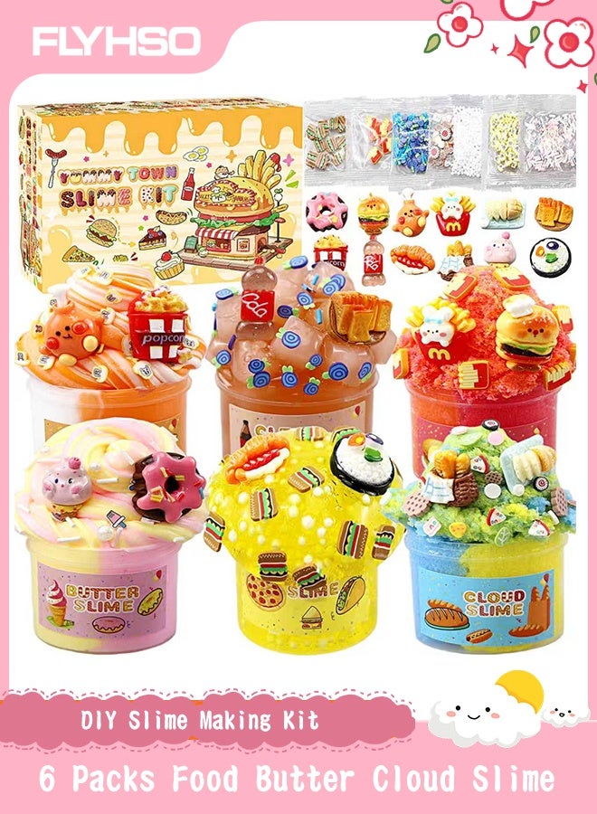 FLYHSO 6 Packs Slime Kit - Cloud Slime, Butter Slime & Clear Slime, Crunchy Slime for Kids with Various Slime Add-ins, Includes 12 Cute little Accessories,6 packs of DIY Polymer Clay Sheets for Food Toy Crafts Kit,Non Stick Slime Party Favors for Girls and Boys, 420ml Kids Slime - Image 1