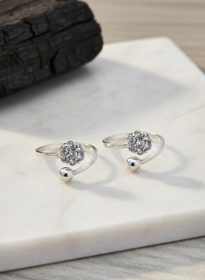 Parnika 925 Sterling Silver Adjustable Toe Rings for Women | Pure Silver Floral CZ Design Toe Ring Pair | Hallmarked Silver Bichiya for Women & Girls - Image 3
