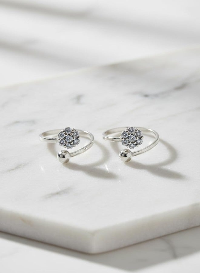Parnika 925 Sterling Silver Adjustable Toe Rings for Women | Pure Silver Floral CZ Design Toe Ring Pair | Hallmarked Silver Bichiya for Women & Girls - Image 2