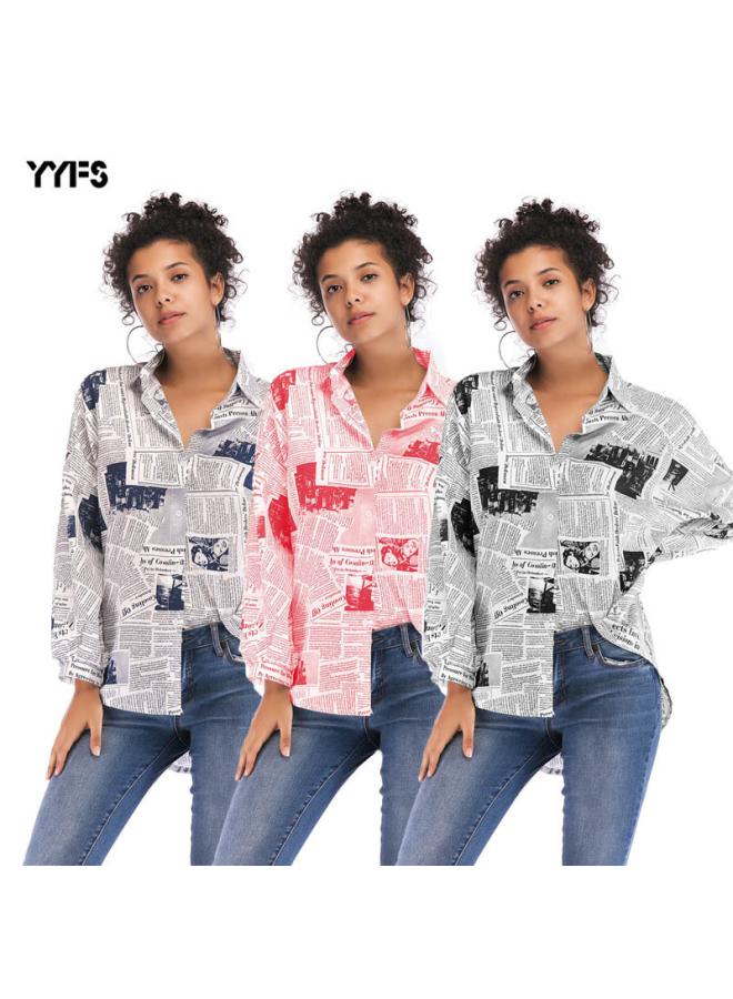 VUELO Europe And The United States Autumn New Long Sleeve Letter Printing Newspaper Shirt Women's Loose Trend Design Feeling  - Image 3