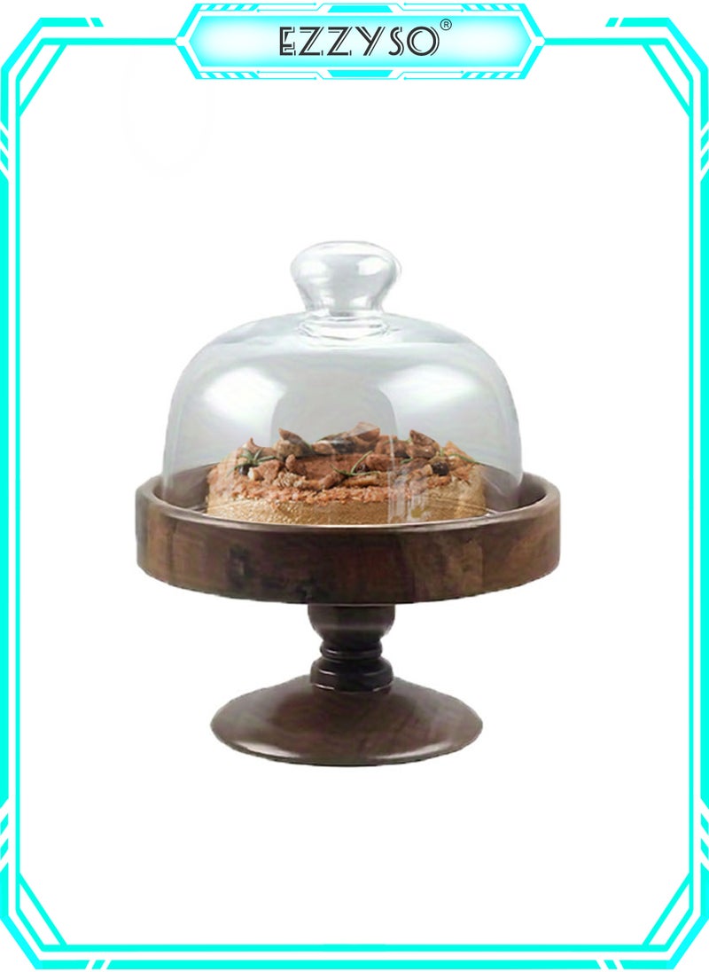 EzzySo Vintage Tall Wooden Base Cake Stand with Glass Lid, High Quality Glass Dome Dessert Wood Base, Dessert Pastry Fruit Platter Used for Parties, Weddings, Birthdays, Appetizers Cheese Tray  - Image 1