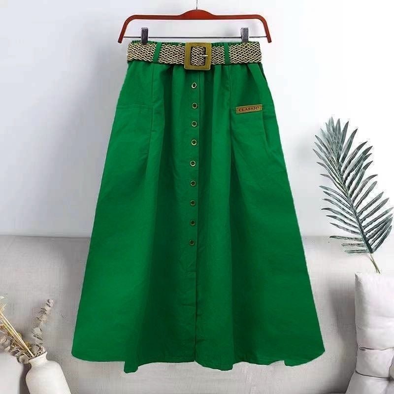 Cotton 2024 Spring and Summer New Korean Style Elastic High-waisted Skirt with Large Flap Pocket Pants Slits Slimming Look Mid-length A-line Skirt Bright green [free belt]