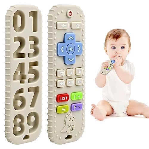 AiTuiTui Teething Relief Teethers Toys for Babies 3-6-12 Months Gifts, Food Grade Silicone Sensory Remote Control Baby Teether Bath Toys for 9 18 Months Newborn Infant Boy Girl Autism, Beige - Image 1