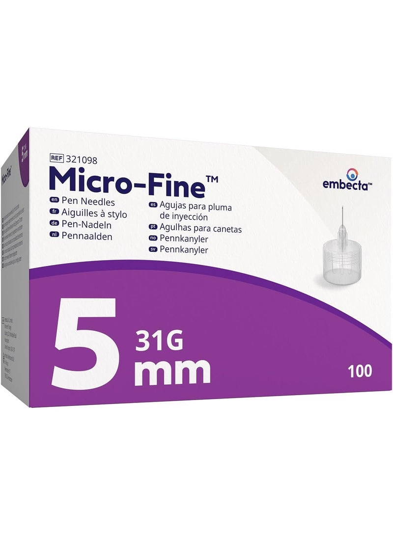 رؤوس أقلام Embecta Micro-Fine (مقاس 31G × 5 مم) – عبوة تحتوي على 100 رأس | تقنية الجدار فائق الرقة لتجربة سلسة | متوافقة مع معظم أنواع الأقلام