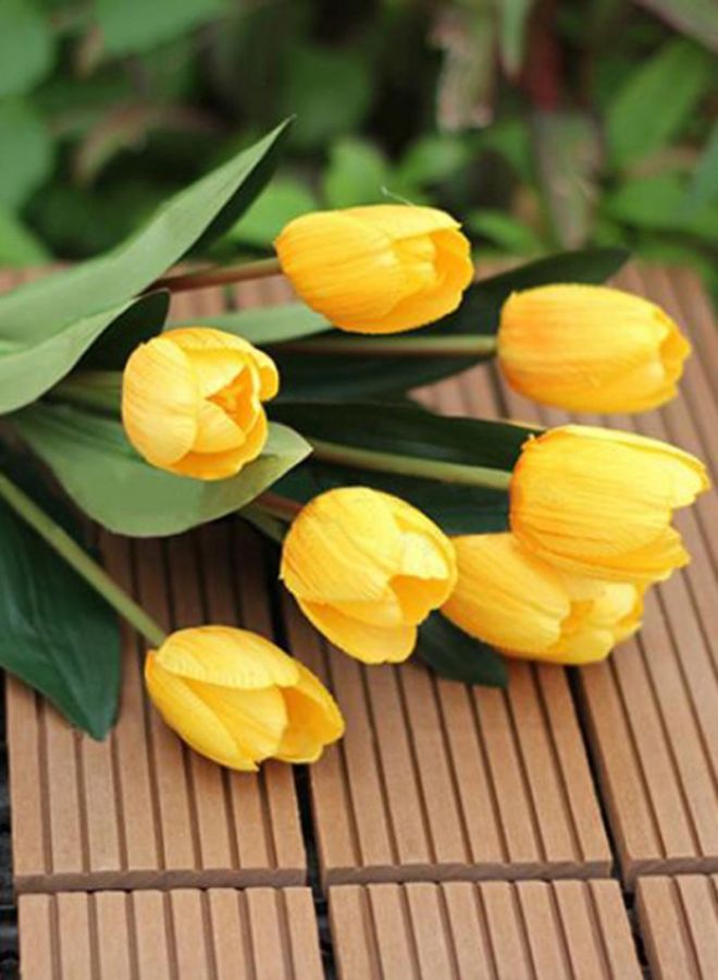 HOMESTAR 9 Heads Artificial Tulip Silk Flower Bouquet Yellow/Green 38centimeter - Image 2
