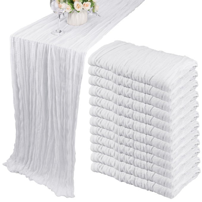 12 PACK 10FT BOHO CHEESECLOTH TABLE RUNNER 35X120 INCH GAUZE LONG ROMANTIC TABLE DECOR FOR WEDDING BRIDAL SHOWER BIRTHDAY PARTY WHITE