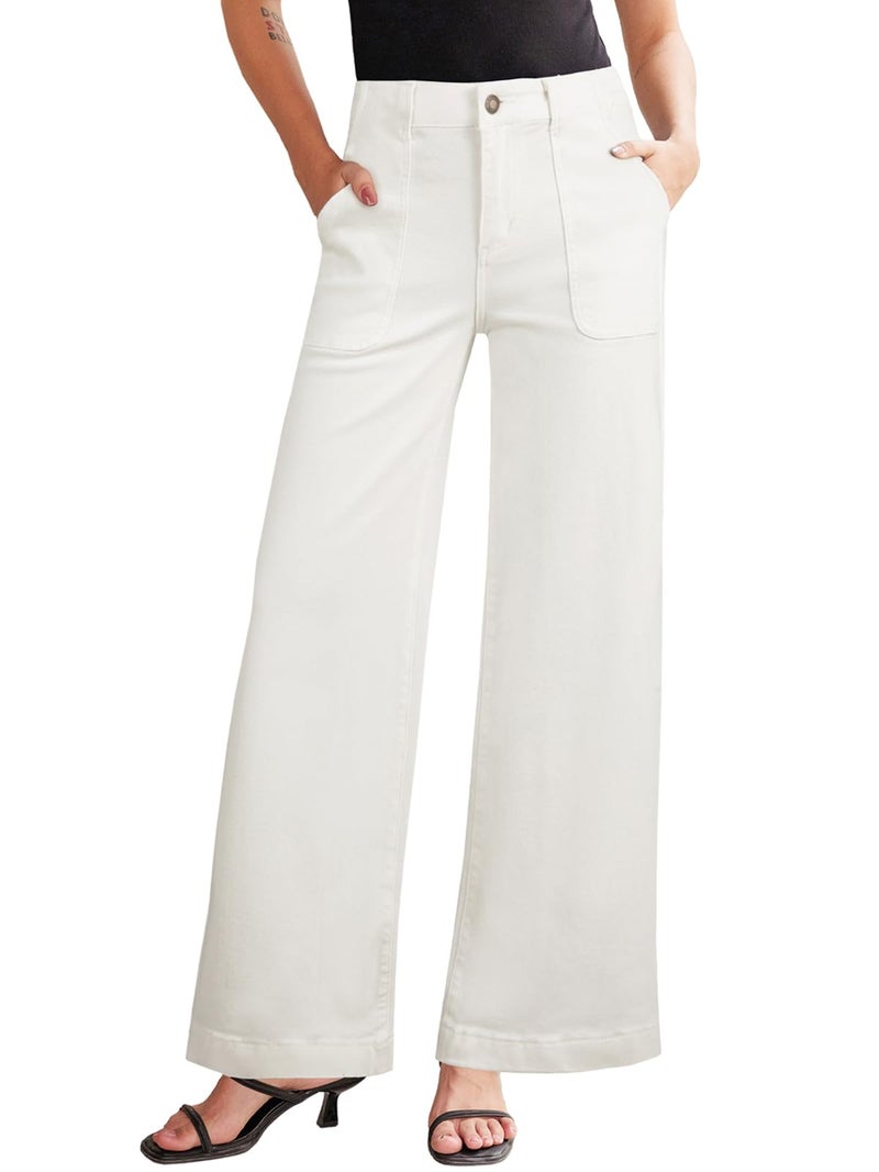 Sidefeel Womens Wide Leg Jeans High Waisted Stretchy Straight Leg Baggy Denim Pants with Pockets White Size 2 - Image 1