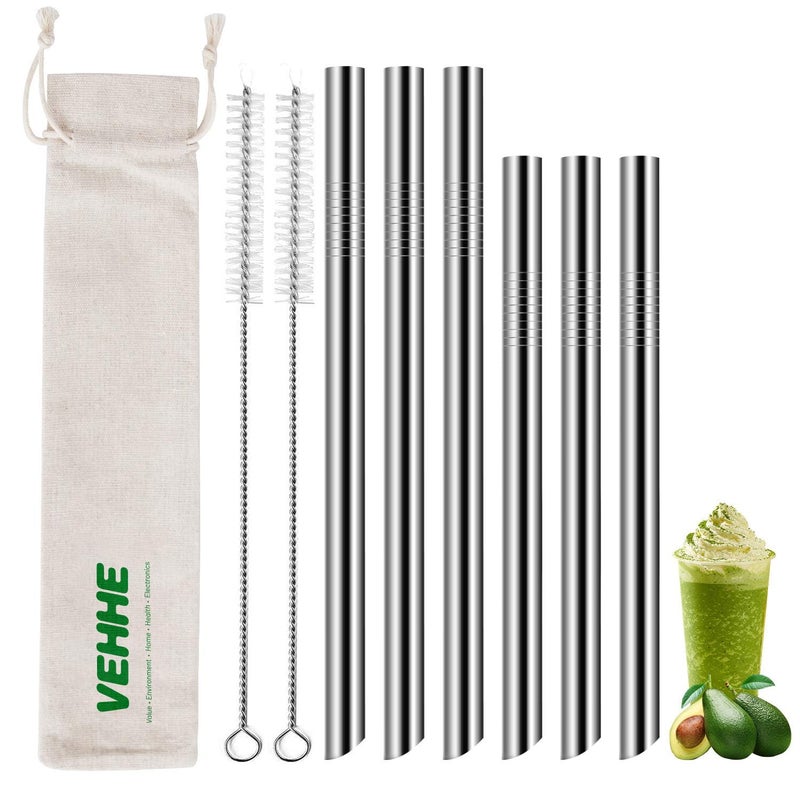 VEHHE Reusable Boba Straws 05 Wide Smoothie Straws Metal Straws with Case 6pcs Stainless Steel Straws95inches 85inches with 2 Brushes Great for Bubble Tea Milkshakes and Boba Pearls