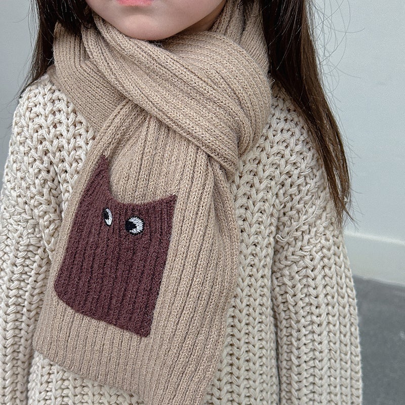 Pocket Embroidered Eyes Children'S Cartoon Knitted Scarf Warm Solid Color Warm Wool Scarf For Boys And Girls - Image 2
