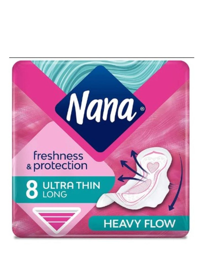 Nana Nana Freshness & Protection Long Ultra Thin Pads with Wings for Heavy Flow 8 per pack 