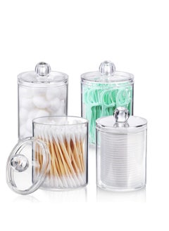 Aozita 4 PACK Qtip Holder Dispenser for Cotton Ball, Cotton Swab, Cotton Round Pads, Floss Picks - Small Clear Plastic Apothecary Jar Set for Bathroom Canister Storage Organization, Vanity Makeup Organizer  - Image 1