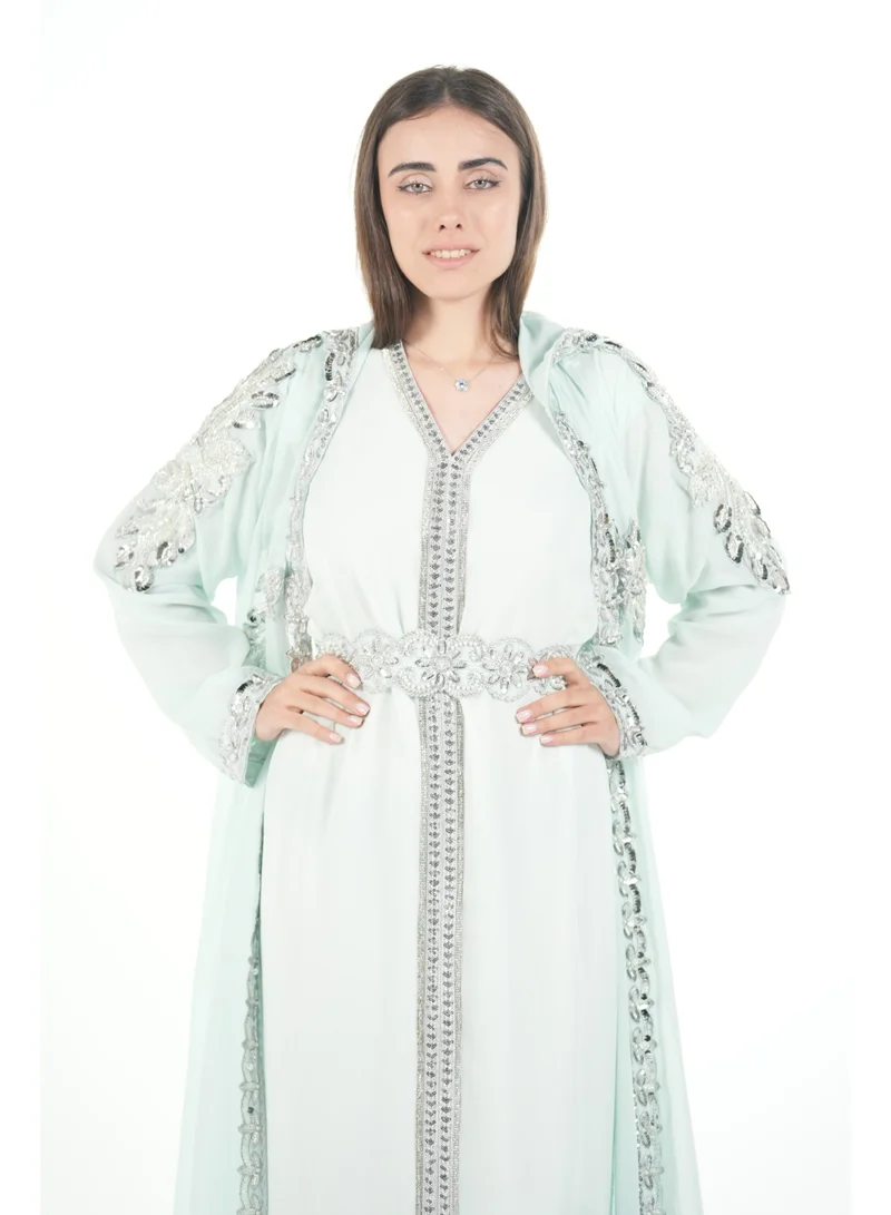 AL BENT AL SHARQIEH Turquoise embroidered kaftan dress jalabia for Women | Best Price UAE