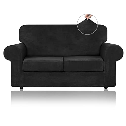 WEERRW Velvet Couch Covers for 2 Cushion Couch Sofa  High Stretch Luxury Velvet Plush 3 Pieces Sofa Slipcovers with Elastic Bottom Furniture Protector for Pets Machine Washable Black Medium