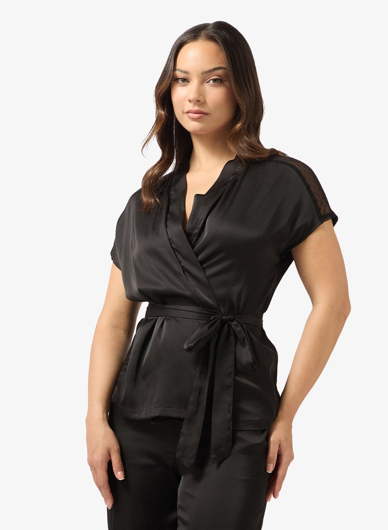 Ginger Satin Belted Wrap Top & Pyjama Set with Lace Detail - Image 4