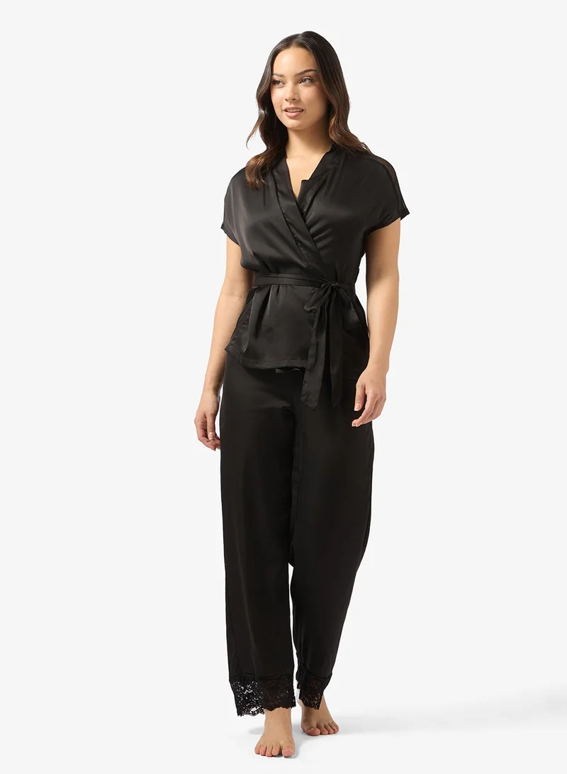 Ginger Satin Belted Wrap Top & Pyjama Set with Lace Detail