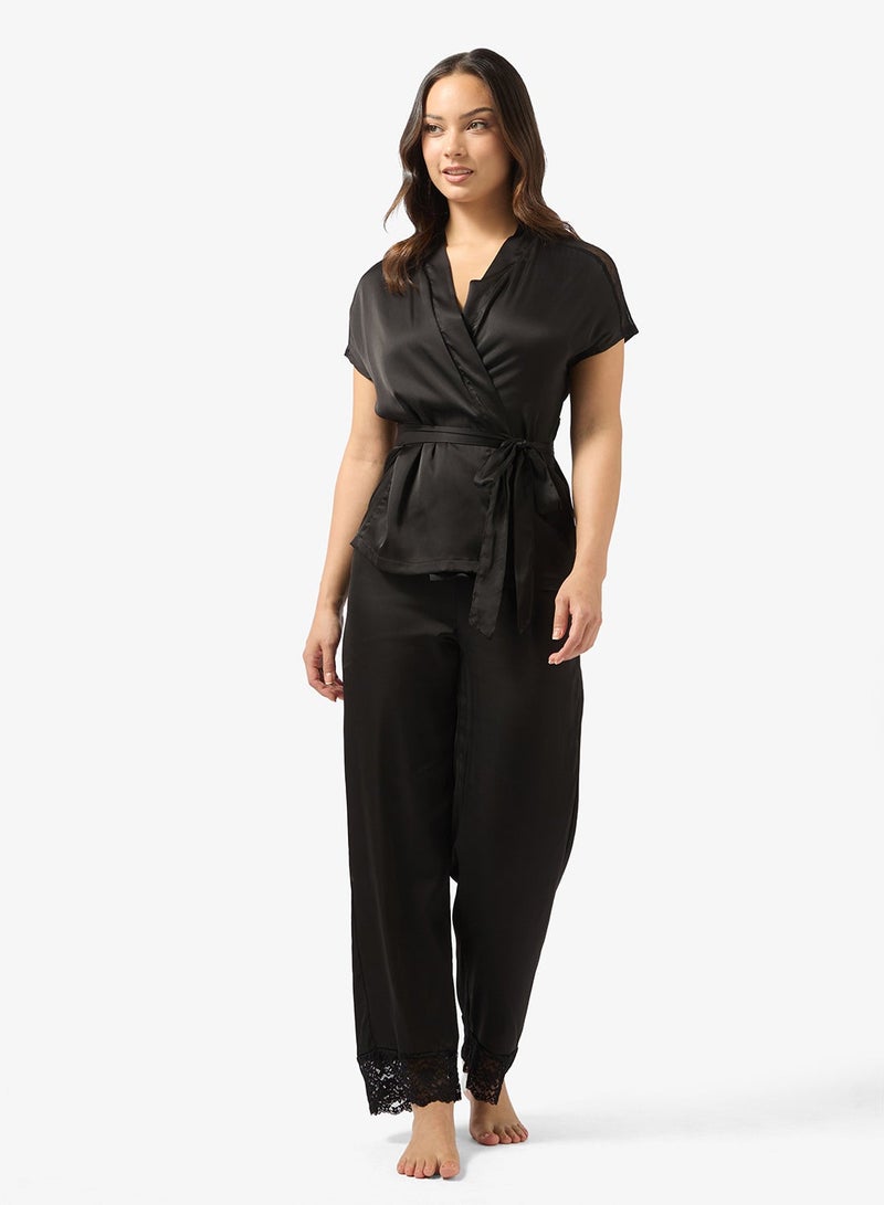 Ginger Satin Belted Wrap Top & Pyjama Set with Lace Detail - Image 2