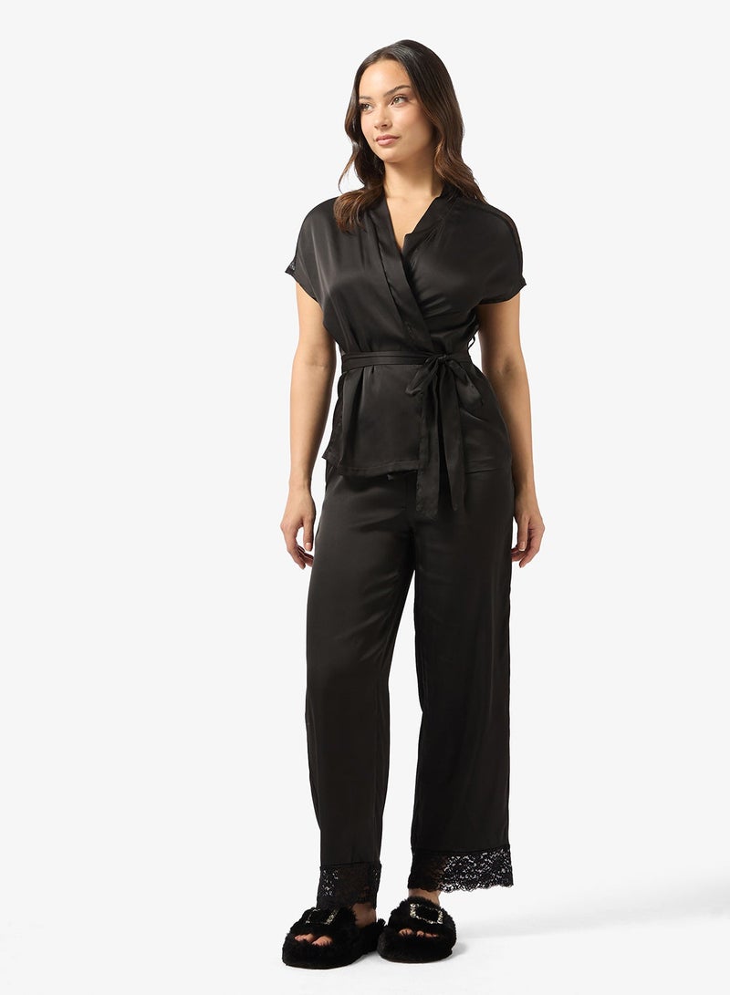 Ginger Satin Belted Wrap Top & Pyjama Set with Lace Detail - Image 1