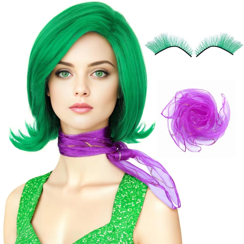 morvally Women Green Costume Wig with Scarf and False Eyelashes Short Green Cosplay Wigs for Adults Halloween Costume Anime Cosplay Adults