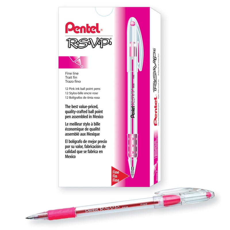 Pentel قلم حبر جاف بنتل R.S.V.P.، 0.7 مم طرف رفيع، حبر وردي، علبة من 12 (BK90-P) - Image 1