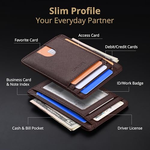 Buffway Slim Minimalist Front Pocket RFID Blocking Leather Wallets for Men and Women - Cross Coffee - Image 3