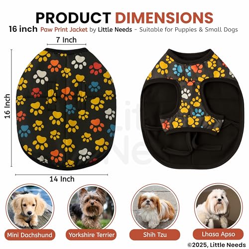 Little Needs Dog Winter Jacket - (Paw Print, 16 Inch) for Small Dogs | Ultra Warm Waterproof & Windproof Coat | Adjustable Velcro Closure, Washable Vest for Cold Weather | Indoor & Outdoor Use - Image 2