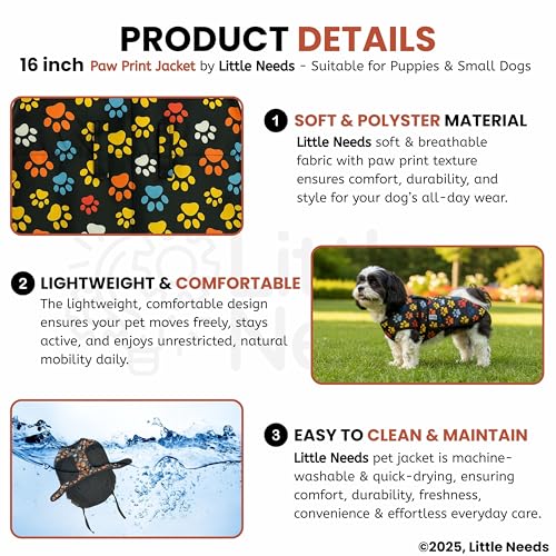 Little Needs Dog Winter Jacket - (Paw Print, 16 Inch) for Small Dogs | Ultra Warm Waterproof & Windproof Coat | Adjustable Velcro Closure, Washable Vest for Cold Weather | Indoor & Outdoor Use - Image 3