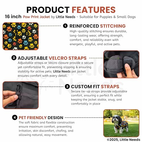 Little Needs Dog Winter Jacket - (Paw Print, 16 Inch) for Small Dogs | Ultra Warm Waterproof & Windproof Coat | Adjustable Velcro Closure, Washable Vest for Cold Weather | Indoor & Outdoor Use - Image 4