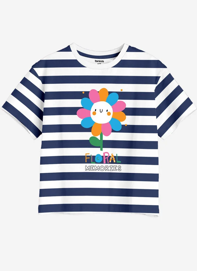بونكيدز BONKIDS Girls Graphic Striped Applique Cotton Oversized T-shirt