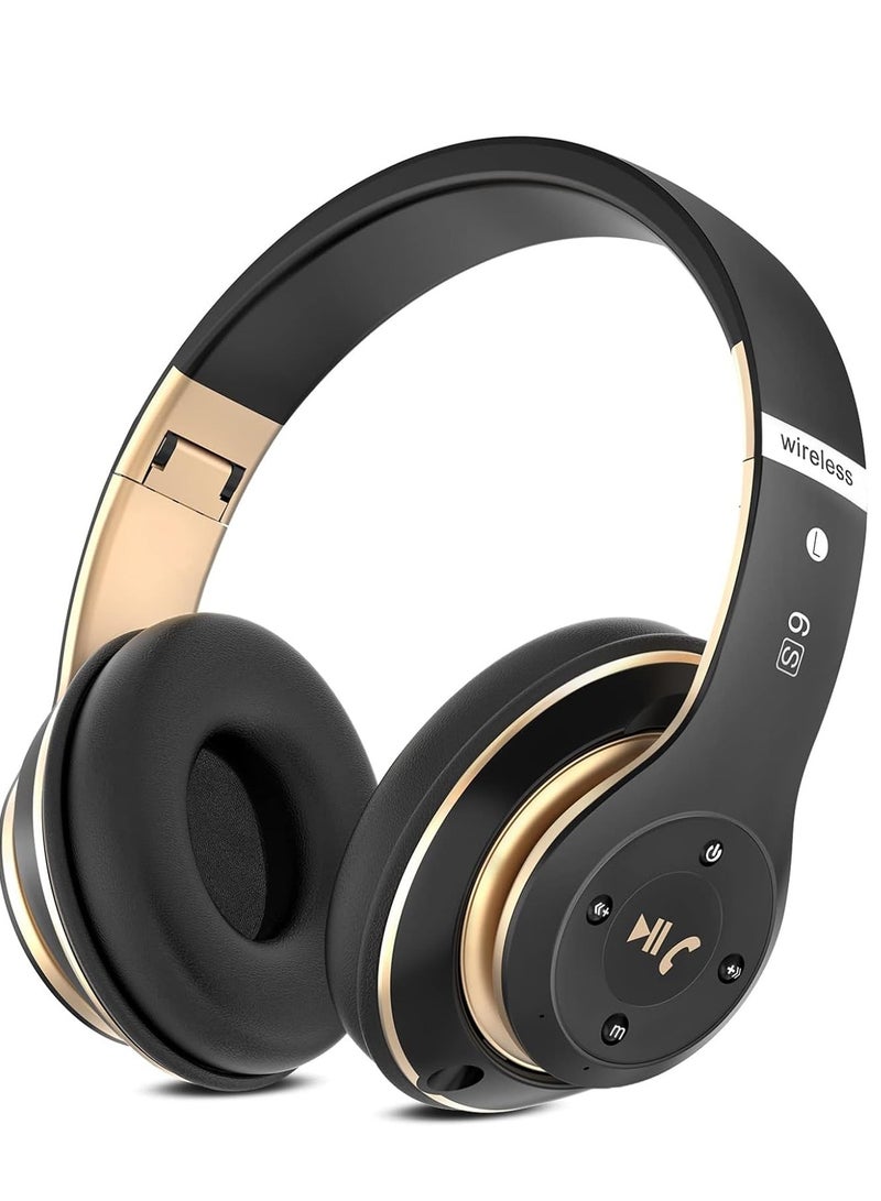 Excefore Wireless Headphones Over Ear, 6 EQ Modes Bluetooth 65 Hours Playtime Foldable Lightweight Headphones,with Built-in HD Mic, FM, SD/TF for PC/Home (Black & Gold) - Image 1