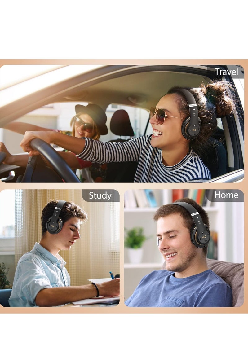 Excefore Wireless Headphones Over Ear, 6 EQ Modes Bluetooth 65 Hours Playtime Foldable Lightweight Headphones,with Built-in HD Mic, FM, SD/TF for PC/Home (Black & Gold) - Image 2