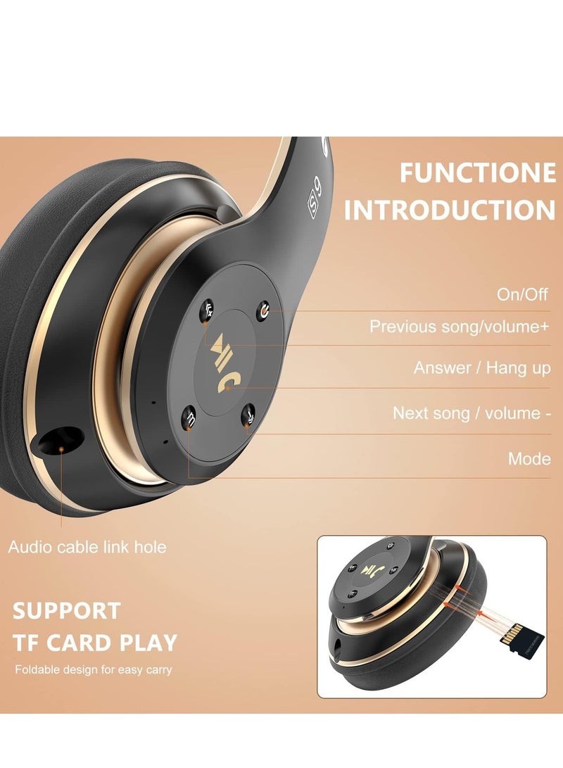 Excefore Wireless Headphones Over Ear, 6 EQ Modes Bluetooth 65 Hours Playtime Foldable Lightweight Headphones,with Built-in HD Mic, FM, SD/TF for PC/Home (Black & Gold) - Image 3
