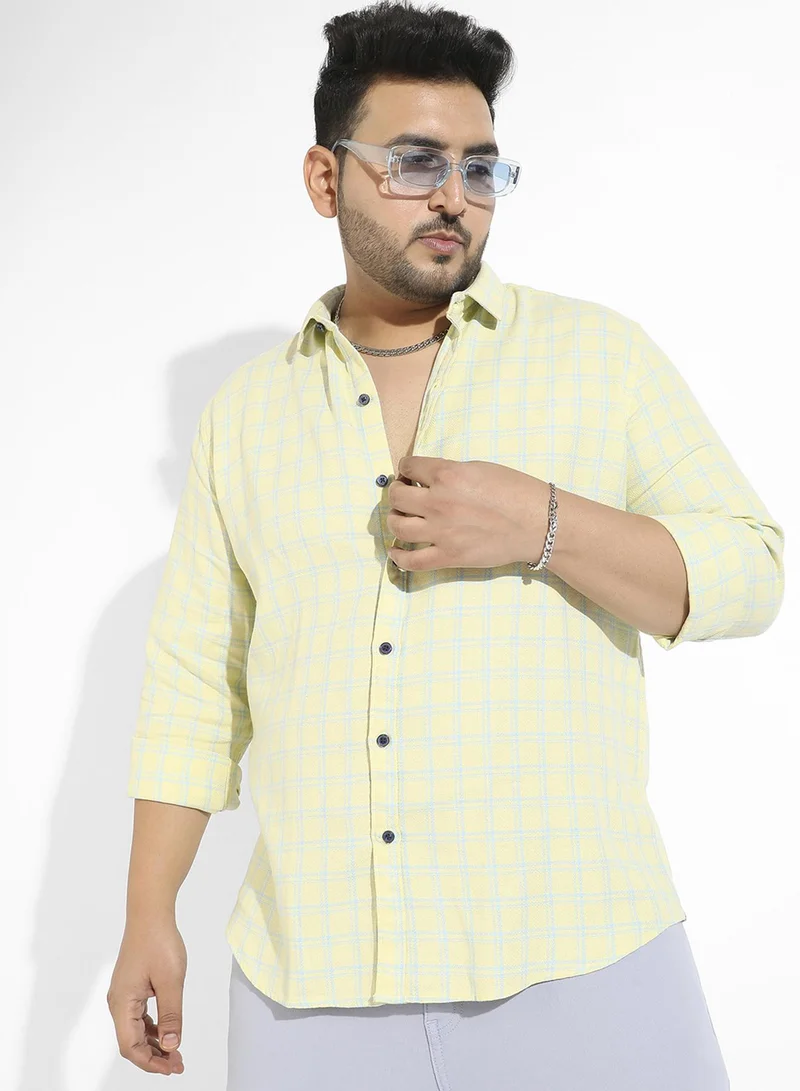 انستافاب بلس قميص رجالي أصفر ليموني كاروهات من إنستافاب بلس للملابس الكاجوال بياقة ممتدة وأكمام طويلة وإغلاق بالأزرار وقطن مريح للملابس اليومية