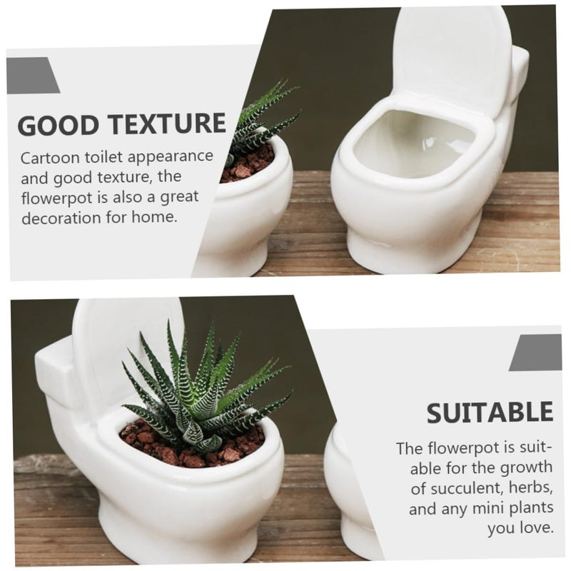 White Ceramic Toilet Shaped Succulent Planter Pots 2 Pack For Indoor Plants - Image 4
