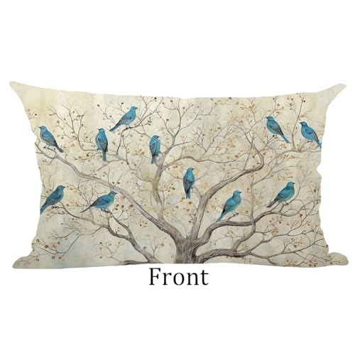 Ramirar Ink Painting Watercolor Blue Birds Brown Tree Fall Y'all Autumn Decorative Lumbar Throw Pillow Cover Case Home Living Room Bed Sofa Car Cotton Linen Rectangular 12 x 20 Inches - Image 2