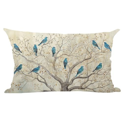 Ramirar Ink Painting Watercolor Blue Birds Brown Tree Fall Y'all Autumn Decorative Lumbar Throw Pillow Cover Case Home Living Room Bed Sofa Car Cotton Linen Rectangular 12 x 20 Inches - Image 1