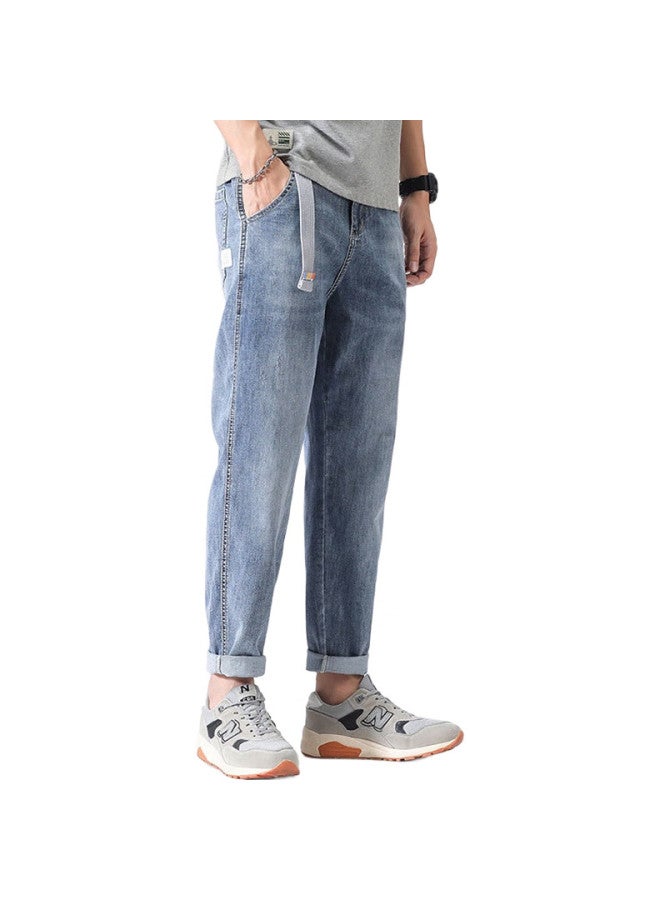 PLAYBOY Men'S Spring And Summer Jeans Men'S Casual Pants Loose Straight-Leg Trendy Nine-Point Pants Light Blue 32 - Image 2