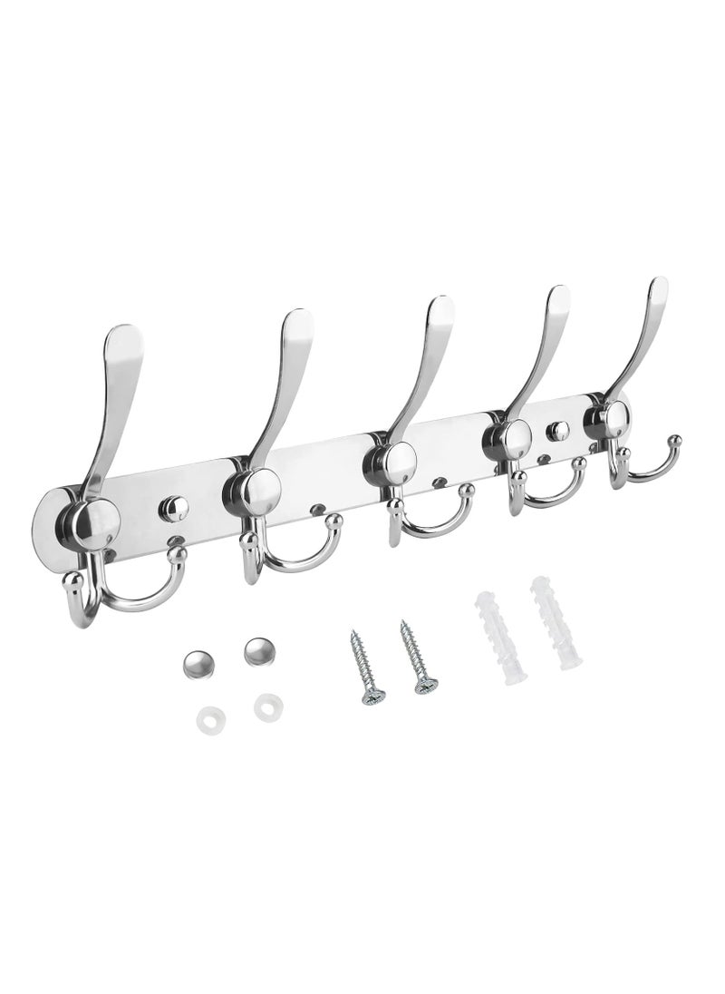 Wall Mounted Coat Rack, Five Heavy Duty Tri Hooks All Metal Construction for Jacket Coat Hat in Mudroom Entryway (silver, 1-Pack)