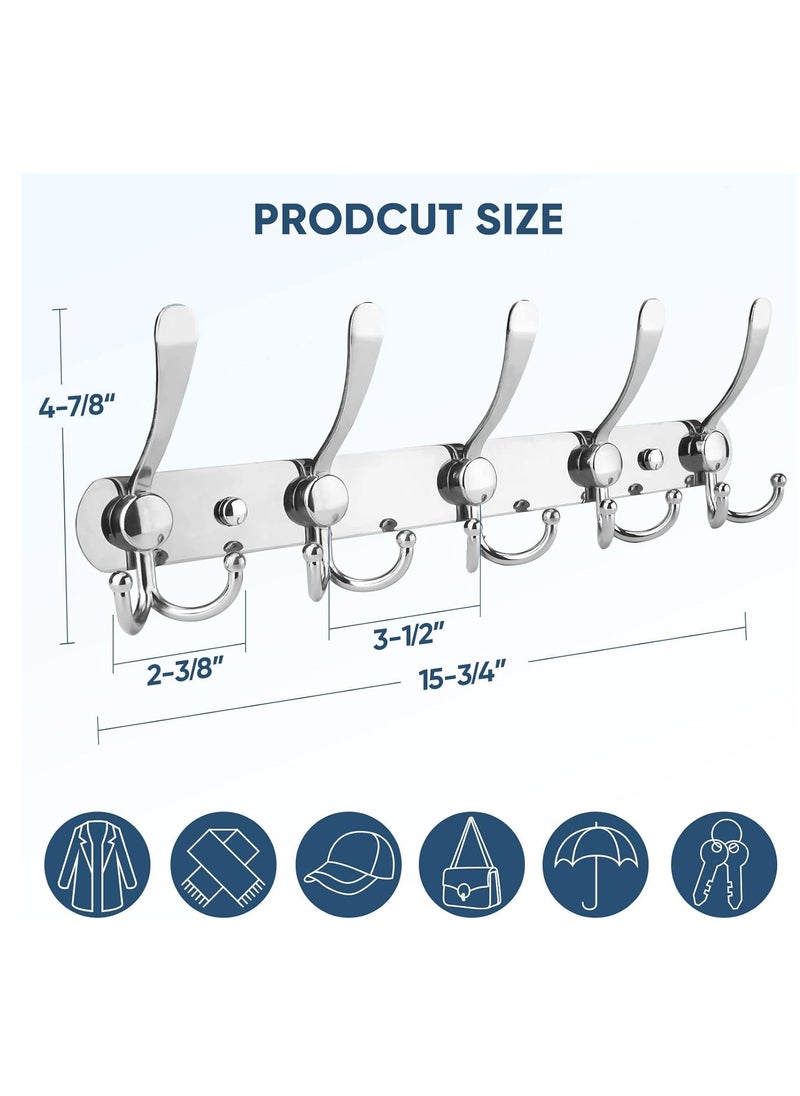 Wall Mounted Coat Rack, Five Heavy Duty Tri Hooks All Metal Construction for Jacket Coat Hat in Mudroom Entryway (silver, 1-Pack)