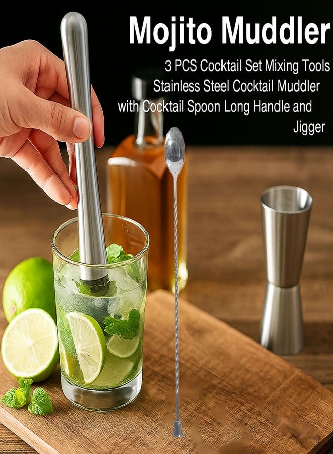 finality Mojito Muddler Bar Tool Set, 3 PCS Cocktail Set Mixing Tools Stainless Steel Cocktail Muddler with Cocktail Spoon Long Handle and Jigger for Mojitos Fruit Drinks (Stirrer Spoon Set) - Image 2