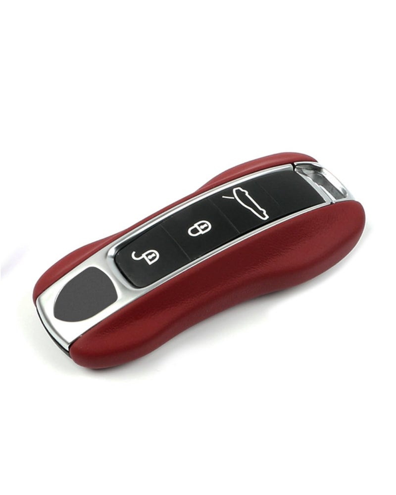 LIMBQS Leather Key Fob Cover for Porsche Panamera Cayenne Key Chain Keychain Key Cover for Porsche 911 Taycan Accessories Bordeaux Red