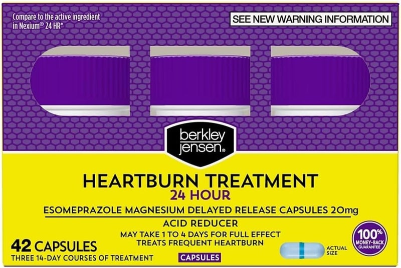 Berkley Jensen كبسولات بيركلي جينسن إيسوميبرازول ماغنيسيوم للإفراز المتأخر 20 ملغ  مخفف للحموضة  دواء للحموضة المتكررة أو الارتجاع الحمضي  آمن وفعال لتخفيف الحموضة لمدة 24 ساعة  42 كبسولة - Image 1