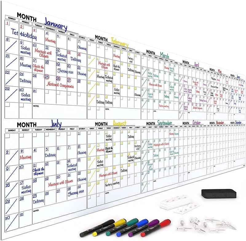 Scribbledo Extra Large 100"x36" Dry Erase Monthly Planner â€“ 12-Month Whiteboard Calendar Includes 6 white Board Markers Eraser Push Pins & Mounting Tape - Image 1